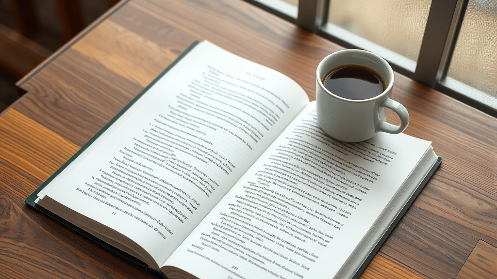 An open book or document on a wooden table with a cup of coffee, representing analytical reading and comprehension, soft natural lighting, peaceful study environment