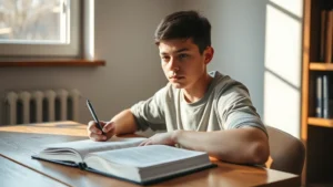 A focused student at a wooden desk with an open textbook and notebook, natural daylight streaming through a window, subtle determination on their face, minimalist study environment