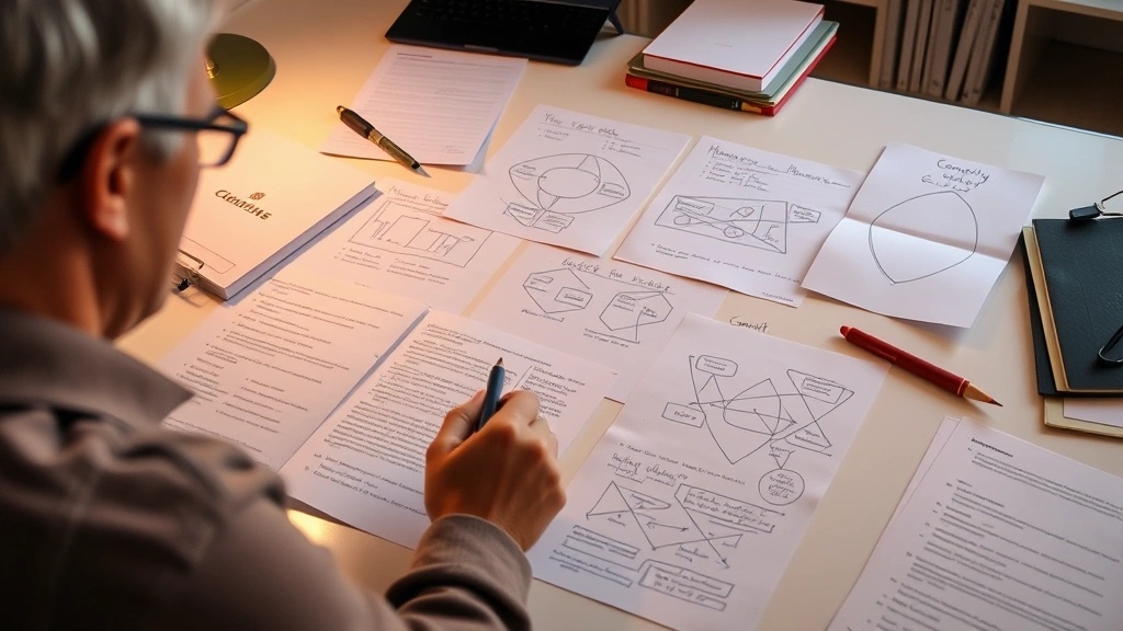 A person reviewing handwritten notes and concept maps spread across a clean desk surface, warm lighting, organized study materials, contemplative expression while analyzing information