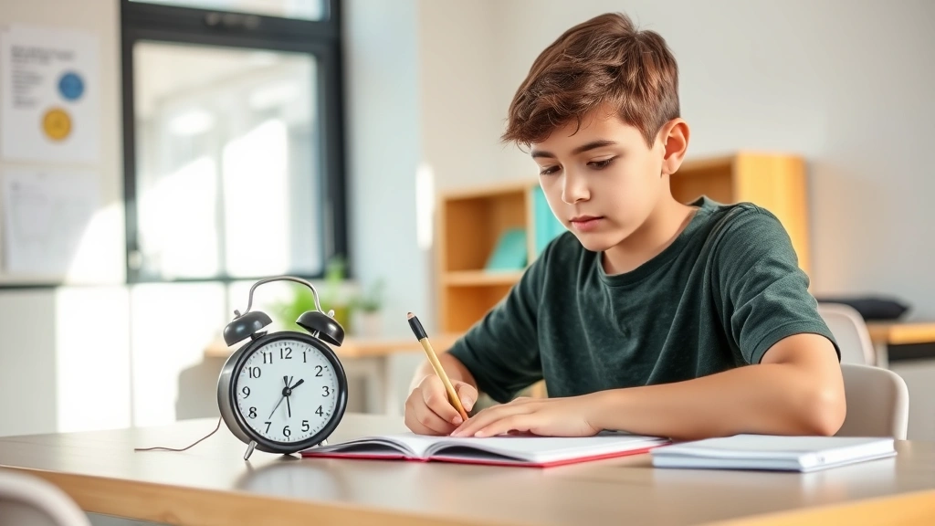 A student taking a timed test at a desk with a clock visible, calm concentrated expression, clean modern study space with minimal distractions, natural sunlight