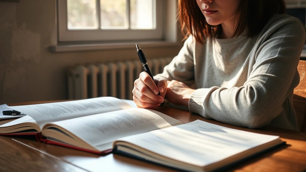 A person sitting at a wooden desk with an open book and highlighted notebook, thoughtfully holding a pen to their chin, warm natural light streaming through a window, focusing intently on the text