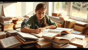 Student sitting at desk surrounded by open books and notebooks, hand holding pen mid-annotation, warm natural light from window, focused expression, literary texts visible on desk