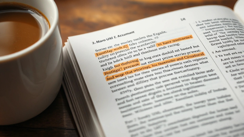 Close-up of highlighted text on a page with margin notes and annotations visible, coffee cup beside the page, morning study scene with soft focus background