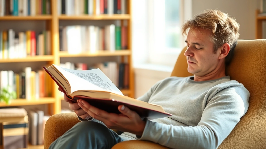 Person reading a thick novel in comfortable chair, natural sunlight illuminating pages, peaceful study environment with bookshelf blurred in background, contemplative pose