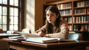 Student sitting at desk with open literature book, notebook, and pen, focused expression, warm library lighting, natural window light