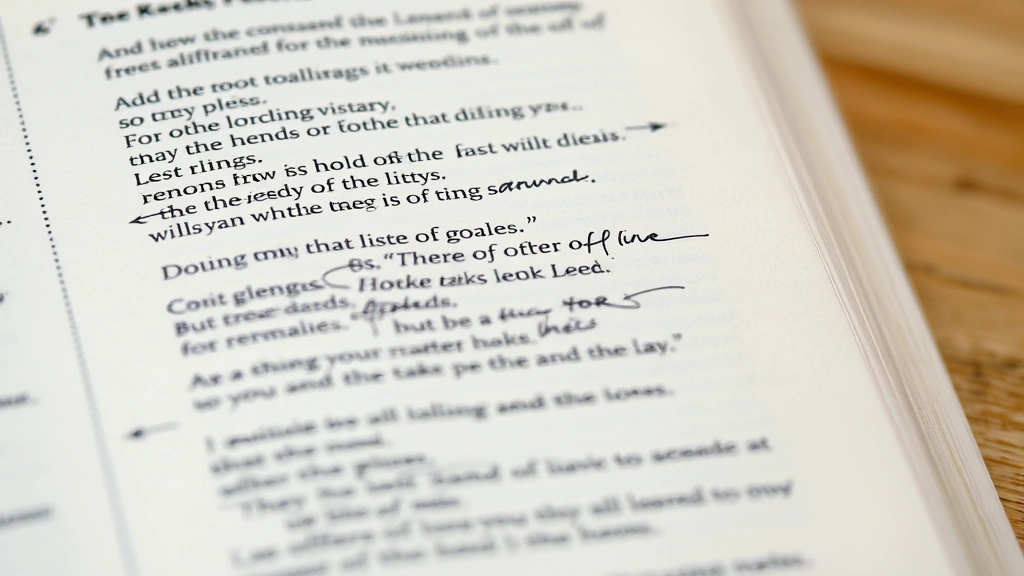 Close-up of handwritten annotations on poetry page with pencil marks, underlined passages, marginal notes visible, soft focus background