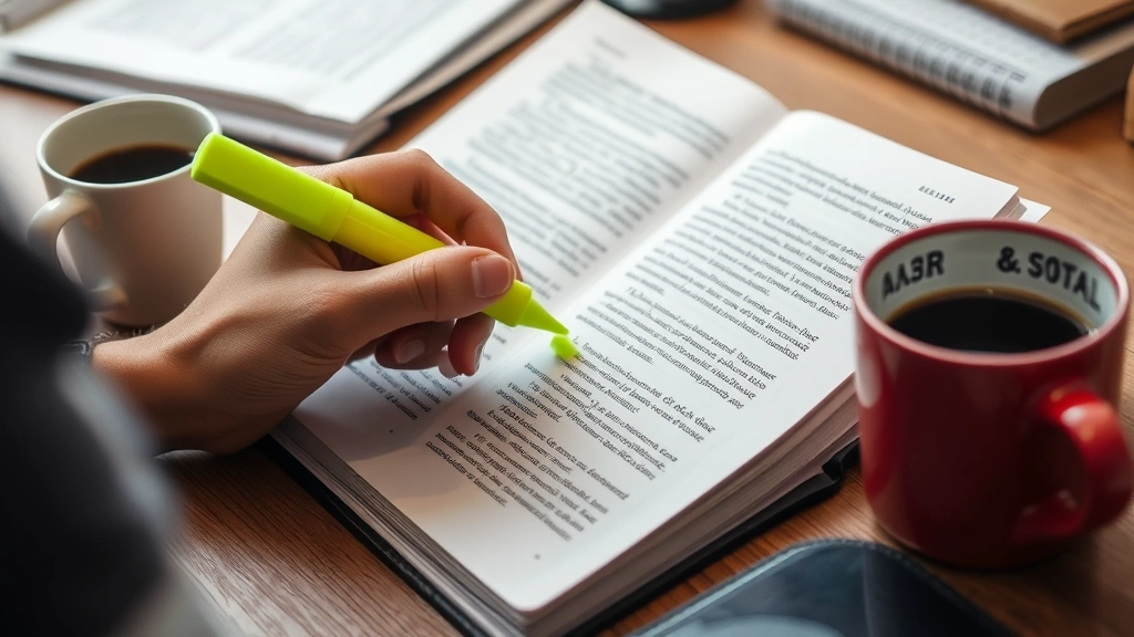 Person reading with highlighter in hand, marking important passages in text, coffee cup nearby on desk, concentrated studying atmosphere