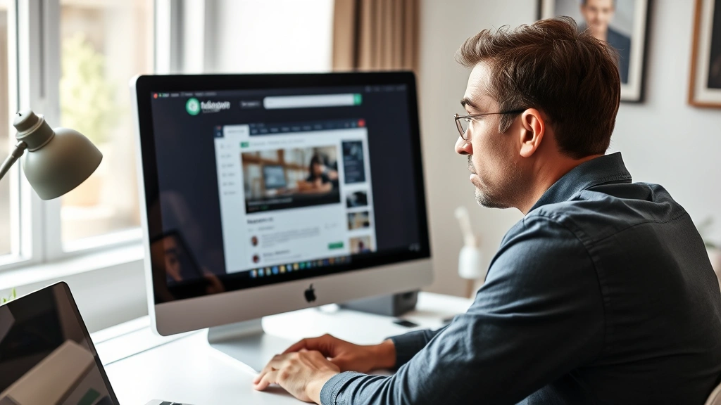 Person skeptically examining a computer screen showing a suspicious website interface, hands on desk, modern home office setting with natural lighting