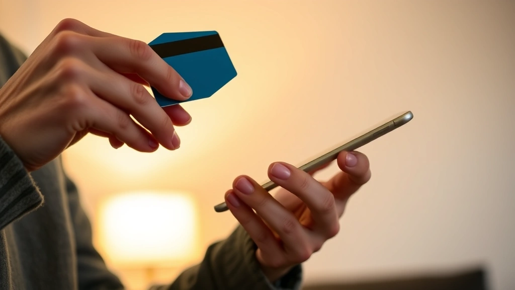 Close-up of hands holding a credit card and smartphone, showing hesitation or concern, warm indoor lighting, minimalist background