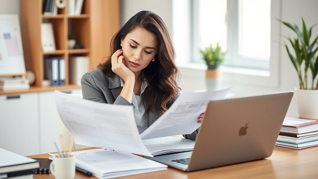 Professional woman sitting at desk reviewing documents and taking notes, thoughtful expression, organized workspace with laptop, natural daylight