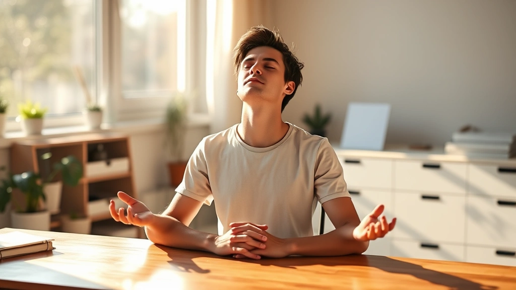 A person sitting at a wooden desk in morning sunlight, eyes closed in meditation, peaceful expression, minimalist home office background, warm natural lighting, serene atmosphere