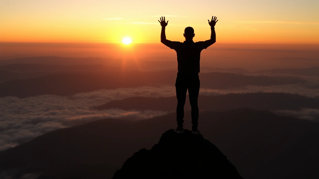 A silhouette of someone standing on a mountain peak at sunrise, arms slightly raised, overlooking vast landscape with layers of mountains and clouds below, golden hour lighting
