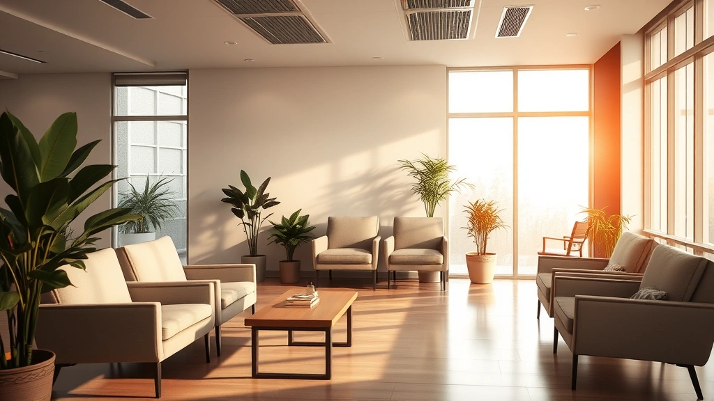 Serene waiting room with comfortable seating, soft lighting, plants, and calming neutral colors, peaceful atmosphere without people