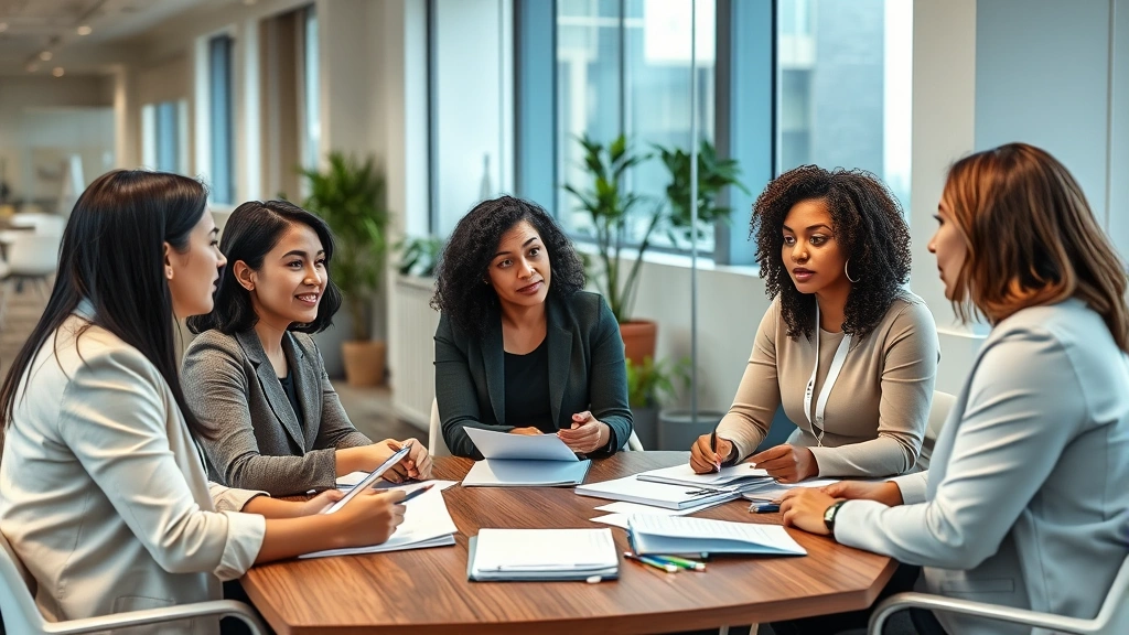 Professional diverse team of mental health clinicians in a collaborative meeting space, engaged in discussion with notebooks and materials, modern office setting
