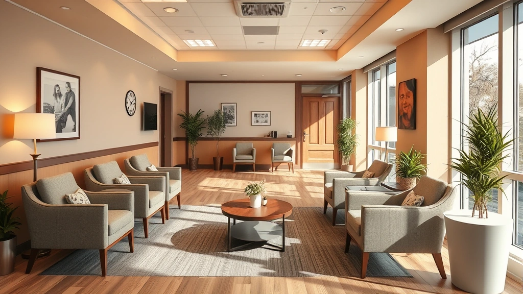 Warm, welcoming waiting room with comfortable seating, soft lighting, and peaceful ambiance, photorealistic healthcare environment
