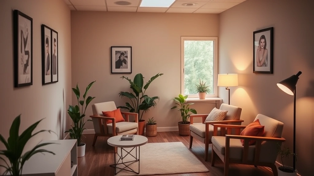 Calm professional therapist's office with warm lighting, comfortable seating, plants, and natural window light creating safe therapeutic environment
