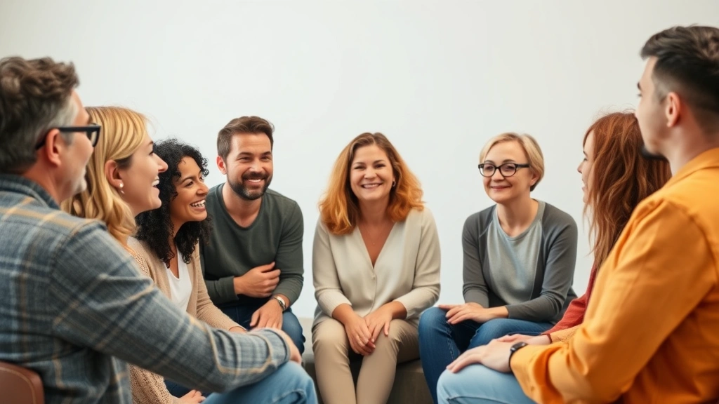 Diverse group of people in supportive circle during group therapy session, engaged in conversation with hopeful expressions and open body language