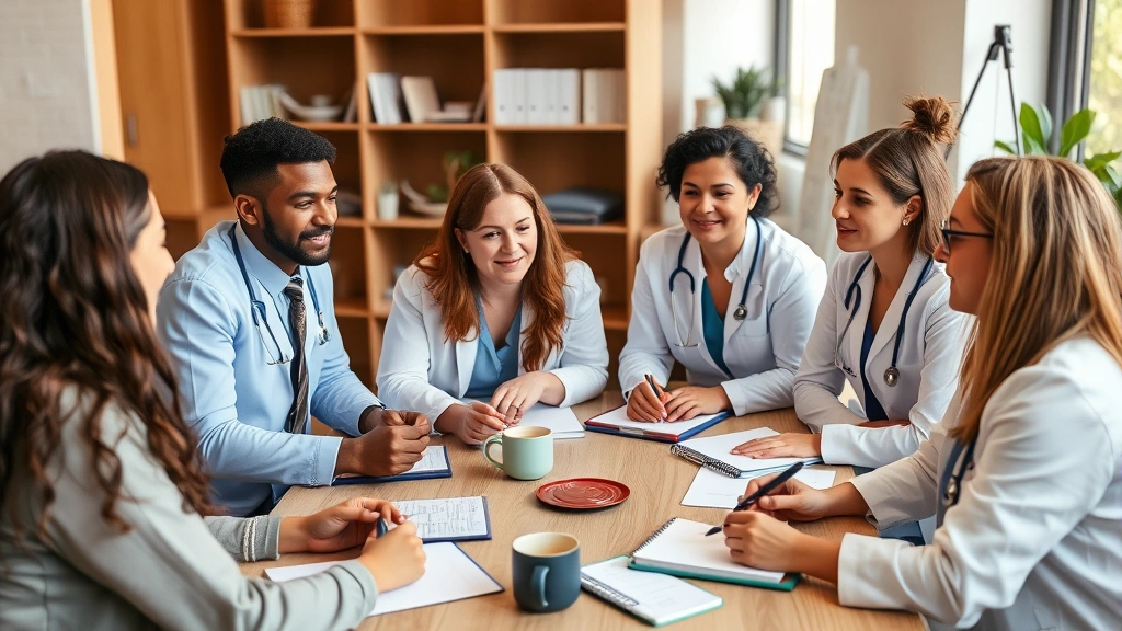 Diverse group of professionals in a collaborative meeting around a table with notebooks and coffee, discussing patient care and treatment planning in a warm clinical setting