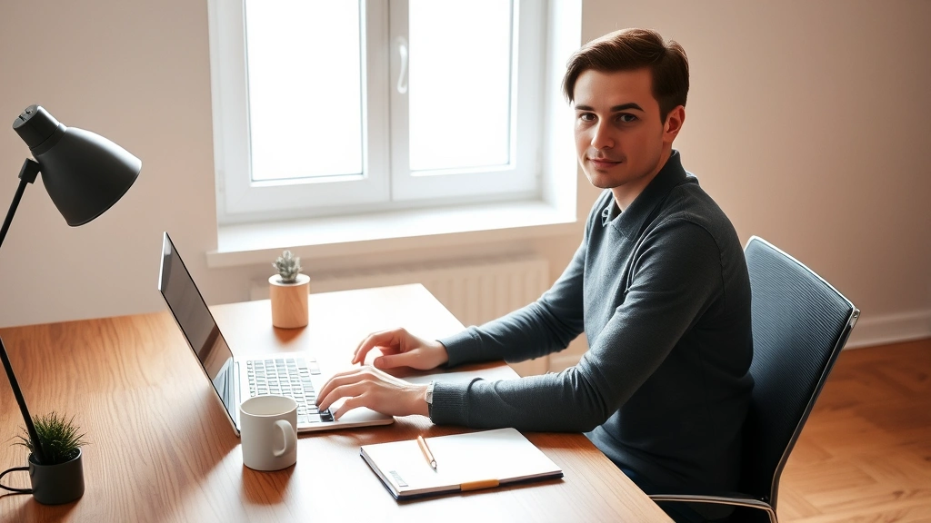 Person sitting at a minimalist desk with a laptop, notebook, and coffee, looking focused and determined, bright natural window light, wooden desk surface