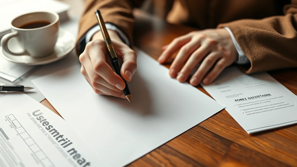 Close-up of hands writing on paper with a fountain pen, organized desk with documents and a coffee cup nearby, warm neutral tones, professional setting