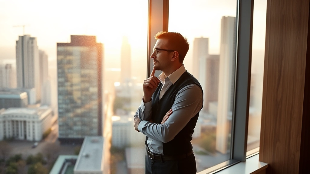 Individual standing at a large window overlooking a city, hand on chin in thoughtful pose, morning sunlight streaming through, contemplative professional atmosphere