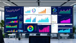 Modern digital dashboard displaying colorful performance metrics and graphs on multiple screens, data visualization with ascending charts and real-time monitoring displays, sleek contemporary office environment