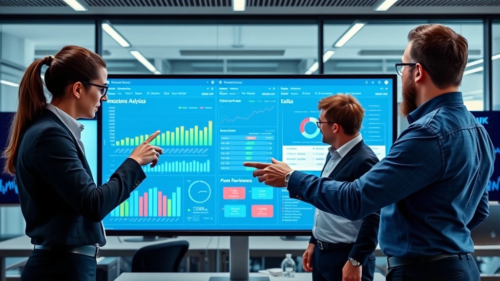 Professionals collaborating around a large digital display showing performance analytics, team members pointing at metrics and dashboards, modern tech office setting with multiple monitors