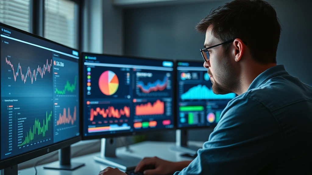 Person intently focused on multiple computer monitors displaying colorful performance graphs, dashboards, and real-time metrics in a modern tech workspace, clean minimalist design, morning lighting
