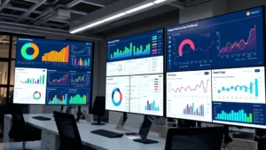 Professional dashboard interface showing colorful performance metrics, graphs, and data visualizations on multiple screens in a modern tech office environment