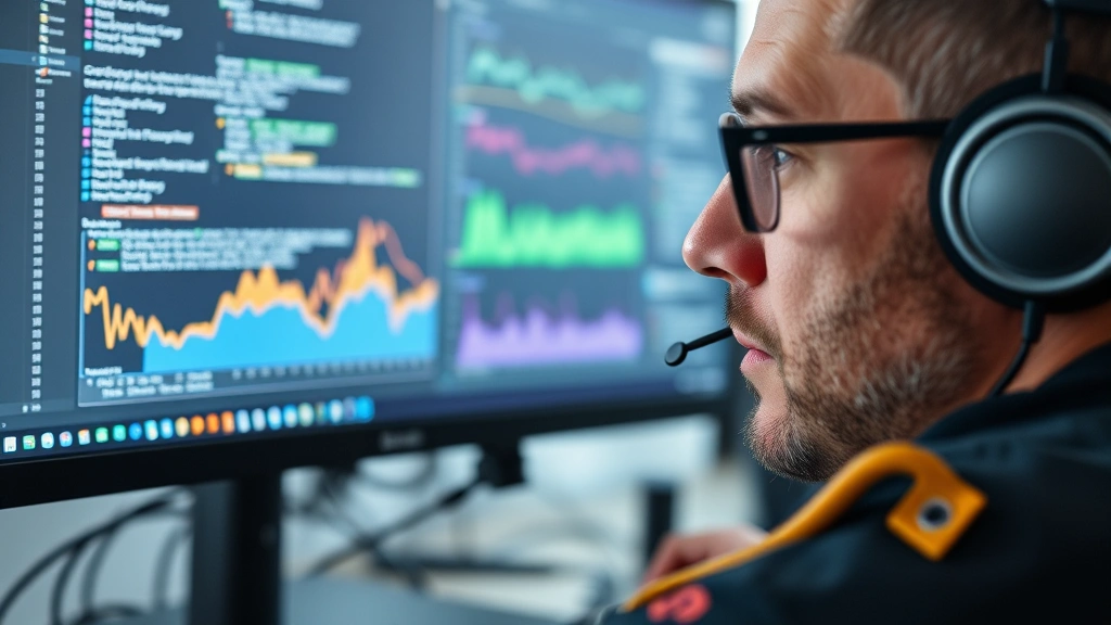 Close-up of developer analyzing code on monitor with performance graphs and real-time metrics visible, focused concentration, modern workspace setup