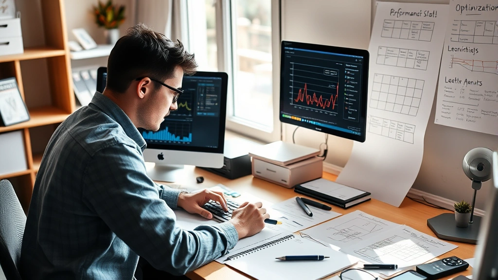Developer concentrating at desk with laptop showing performance charts and optimization data, surrounded by notes and sketches about system architecture, natural daylight streaming through window
