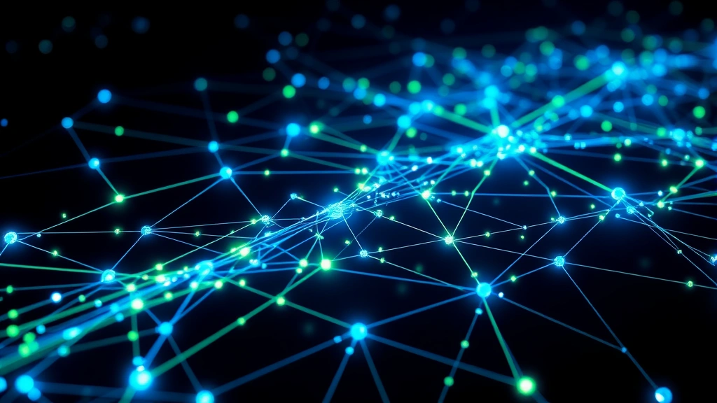 Network infrastructure visualization showing interconnected nodes and pathways with data flowing through various systems in blue and green light trails
