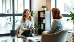 Professional mental health clinician conducting a thoughtful assessment with a client in a calm, modern office setting with natural light and professional furnishings