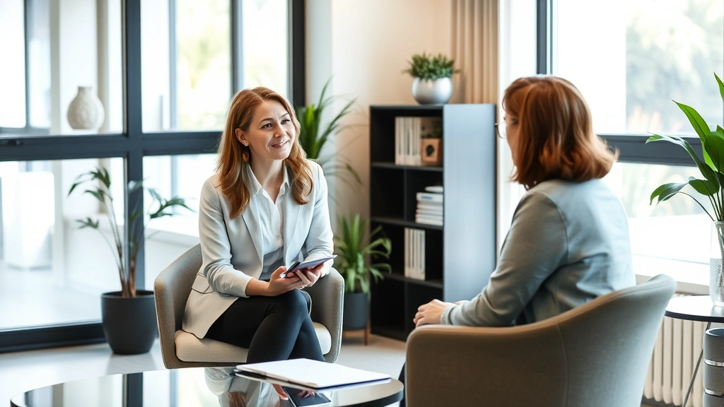 Professional mental health clinician conducting a thoughtful assessment with a client in a calm, modern office setting with natural light and professional furnishings