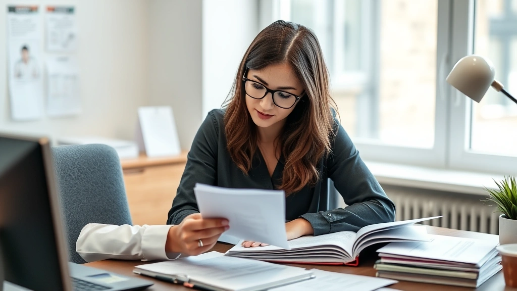 Mental health professional reviewing comprehensive documentation and records at a desk with focus and concentration, showing the administrative responsibility of the role