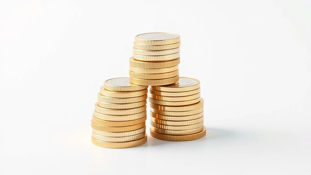 Photorealistic image of coins stacking progressively higher on clean white surface, symbolizing compound growth and wealth accumulation