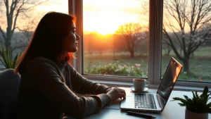 Person sitting at a desk at sunrise with coffee, looking out a window at spring landscape with trees and flowers, expression of calm determination and fresh possibility