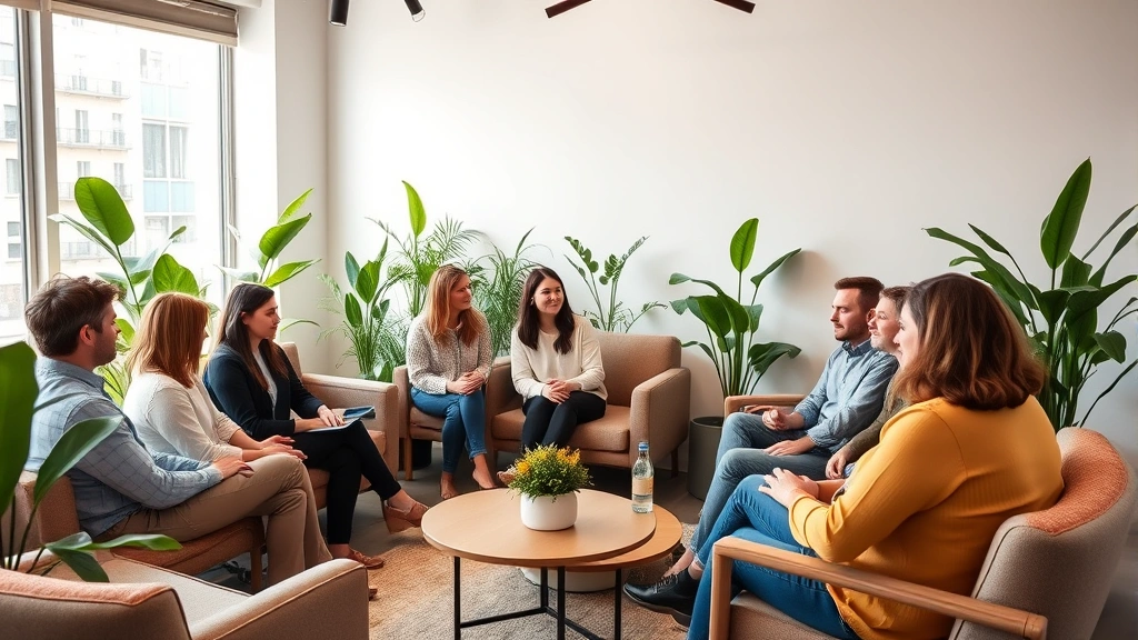 A diverse group of people engaged in meaningful conversation in a welcoming, modern therapy room with comfortable seating and plants creating a warm atmosphere