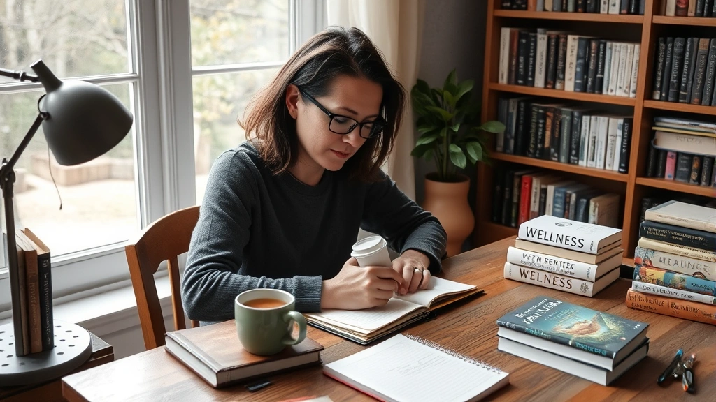 An individual journaling at a wooden desk near a window with a cup of tea, surrounded by books about wellness, appearing thoughtful and introspective