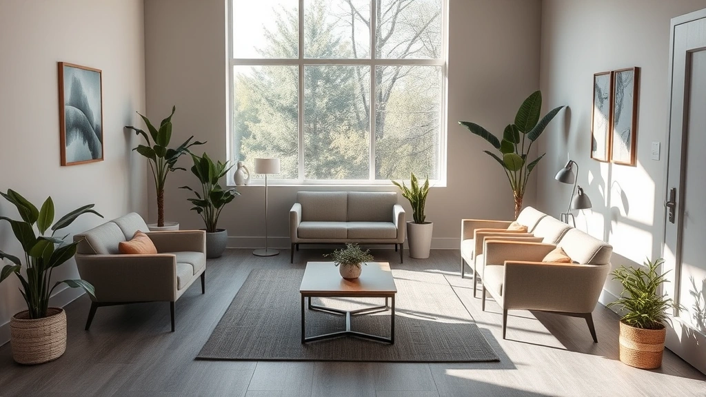 Serene waiting room with natural light, comfortable seating, plants, and calming neutral tones, empty of people, professional therapeutic environment