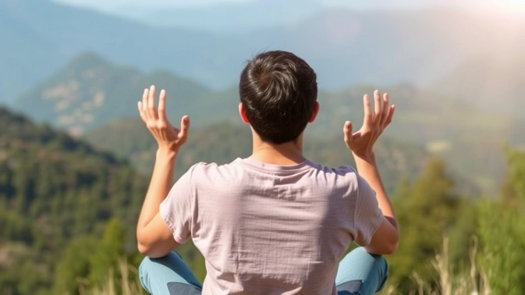 Person sitting peacefully in nature, overlooking mountains or park scenery, hands relaxed, warm natural lighting, expressing mental clarity and wellness