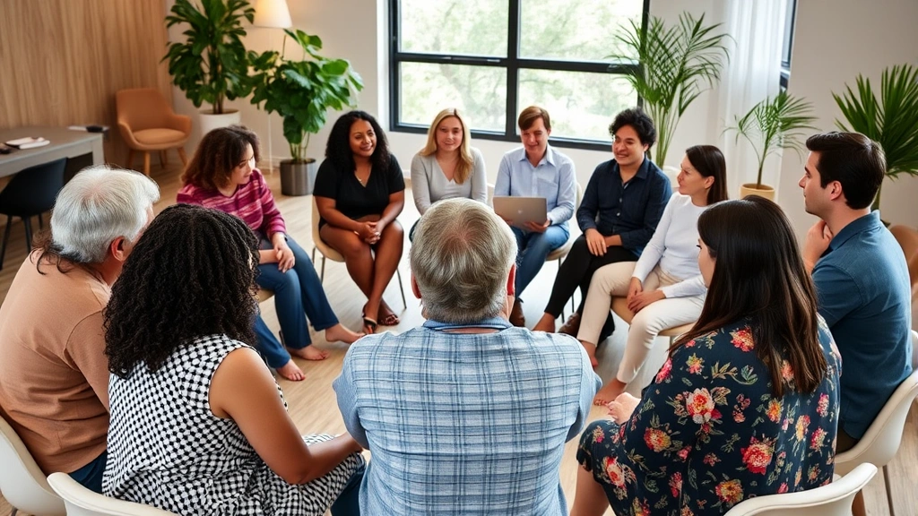 Diverse group in circle formation during support group session, engaged in meaningful conversation, warm supportive atmosphere, no faces clearly visible
