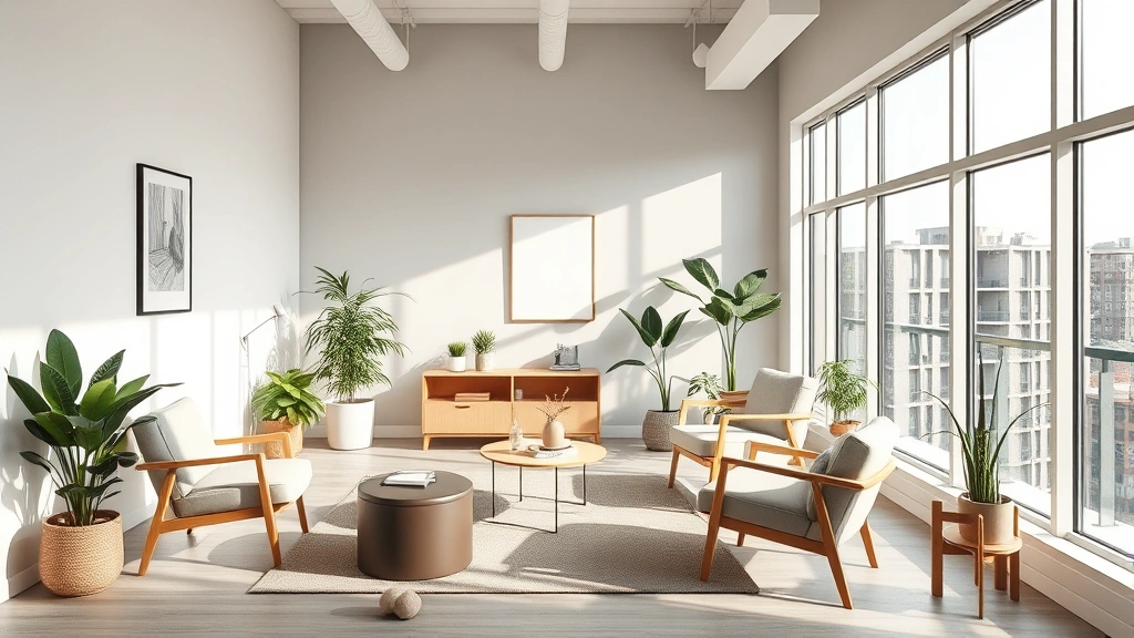 Serene modern therapy office with comfortable seating, soft natural lighting from large windows, minimalist decor, peaceful indoor plants, calming earth tones, no people visible
