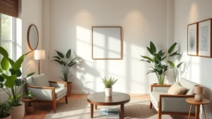 Calm professional therapy office interior with comfortable seating, soft lighting, and peaceful botanical elements creating a welcoming healing environment for mental health counseling