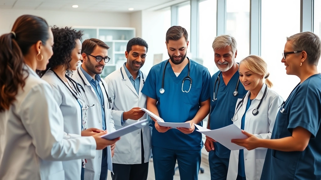 Professional diverse medical team in discussion around patient files, modern healthcare setting, collaborative atmosphere, focused expressions, clinical but warm environment