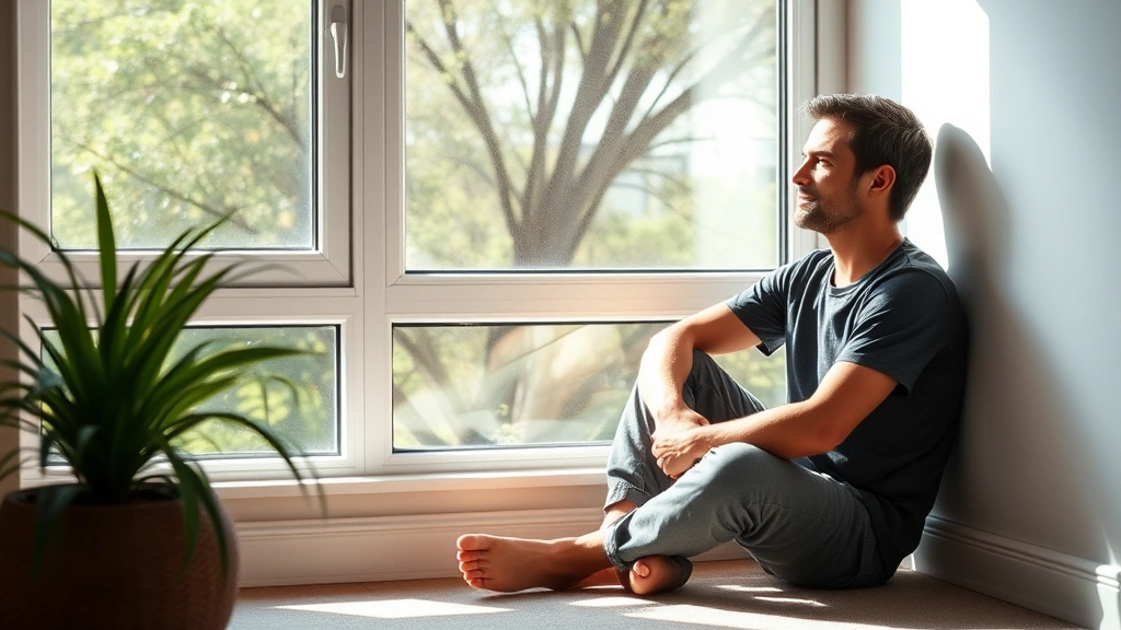 Individual sitting peacefully by a window, natural sunlight, reflective posture, comfortable casual setting, sense of calm and introspection, therapeutic environment
