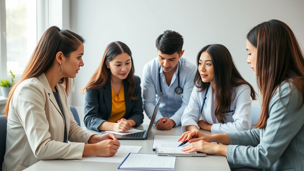 Diverse group of professionals in a clinical setting collaborating and reviewing patient care plans, representing integrated multidisciplinary mental health team approach and comprehensive treatment
