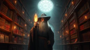 Wizard holding a glowing crystal staff in a mystical library filled with floating magical runes and ethereal light, photorealistic style with no text