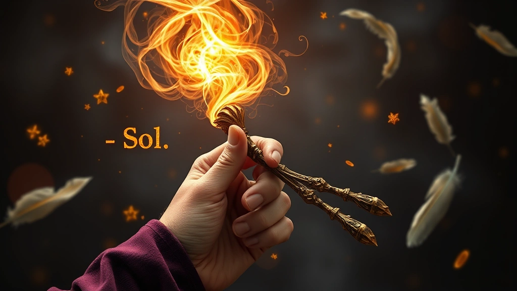 A wizard's hand holding an ornate wand with swirling magical auras emanating from its tip, surrounded by floating arcane runes and spell components like sulfur and feathers, photorealistic magical atmosphere