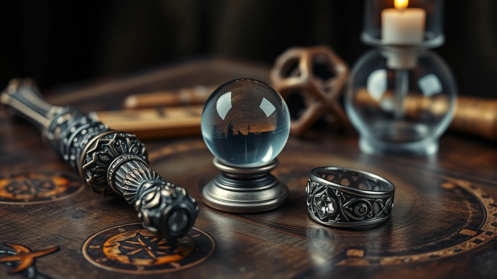 Close-up of various magical focuses: ornate wand, crystal orb, and silver ring arranged on an ancient wooden table with arcane symbols, photorealistic with dramatic lighting